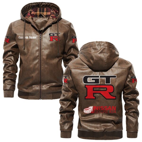 Custom Name Nissan R34 PU Leather Hooded Jacket - Personalized Logo Car Motorcycle Model - Image 3