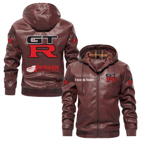 Custom Name Nissan R34 PU Leather Hooded Jacket - Personalized Logo Car Motorcycle Model - Image 2
