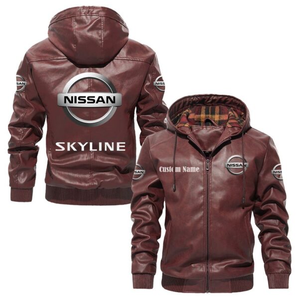 Custom Name Nissan Skyline PU Leather Hooded Jacket - Personalized Logo Car Motorcycle Model - Image 2