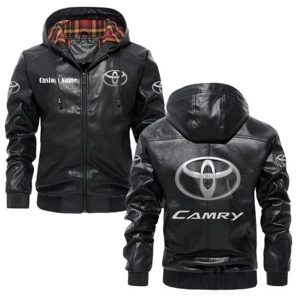 Custom Name Toyota Camry PU Leather Hooded Jacket - Personalized Logo Car Motorcycle Model