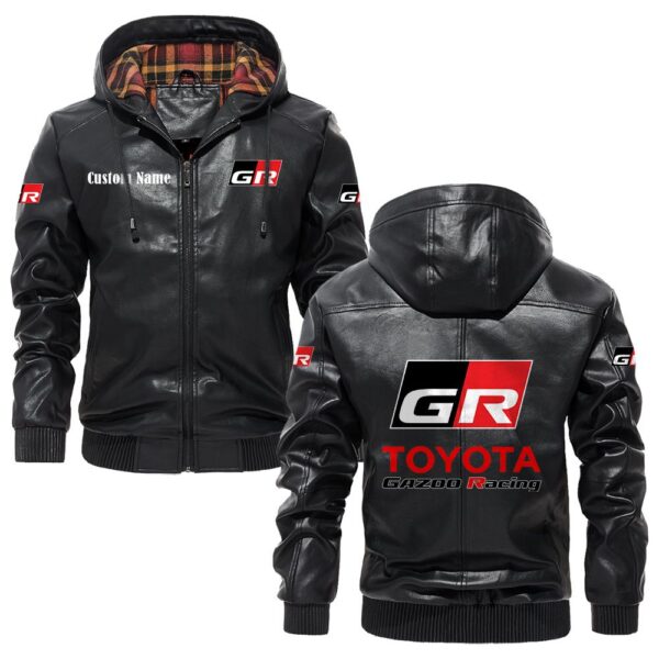 Custom Name Toyota Gazoo Racing Leather Hooded Jacket - Personalized Logo Car Motorcycle Model