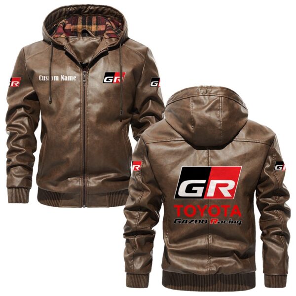 Custom Name Toyota Gazoo Racing Leather Hooded Jacket - Personalized Logo Car Motorcycle Model - Image 3