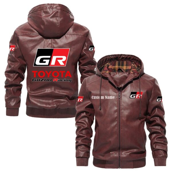 Custom Name Toyota Gazoo Racing Leather Hooded Jacket - Personalized Logo Car Motorcycle Model - Image 2