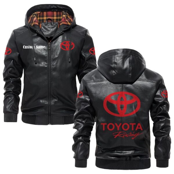 Custom Name Toyota Racing PU Leather Hooded Jacket - Personalized Logo Car Motorcycle Model