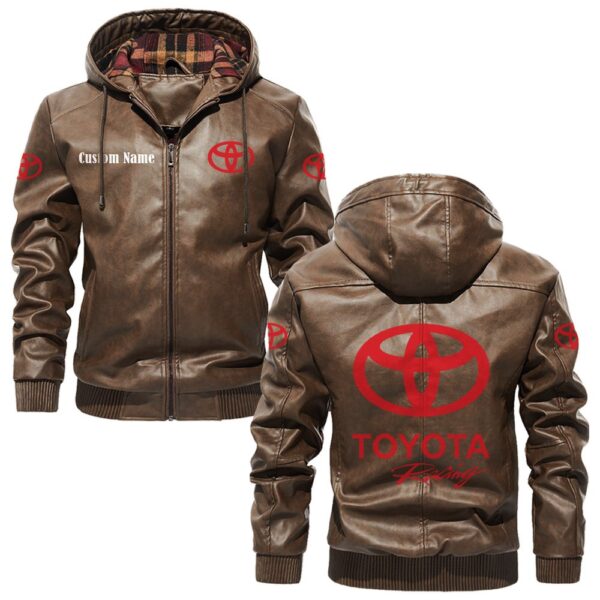 Custom Name Toyota Racing PU Leather Hooded Jacket - Personalized Logo Car Motorcycle Model - Image 3
