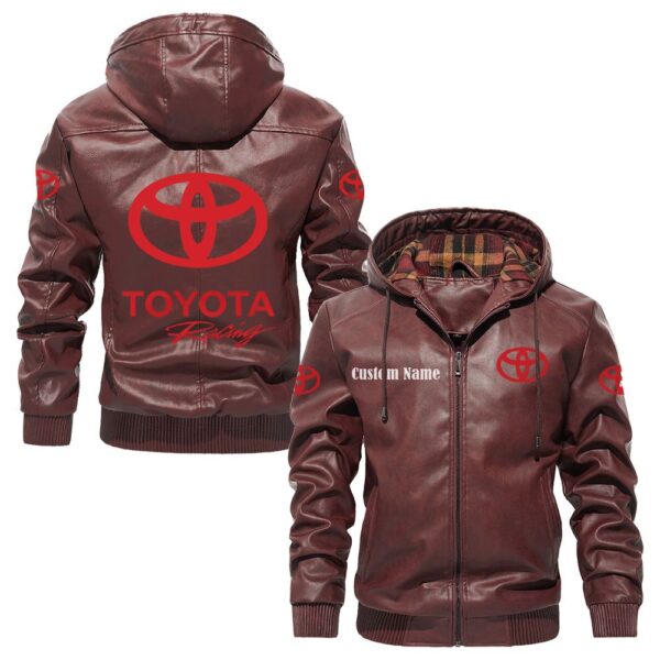 Custom Name Toyota Racing PU Leather Hooded Jacket - Personalized Logo Car Motorcycle Model - Image 2