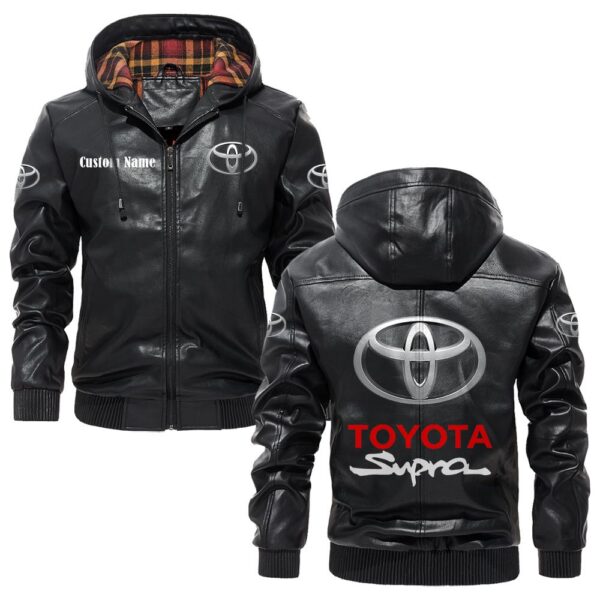 Custom Name Toyota Supra PU Leather Hooded Jacket - Personalized Logo Car Motorcycle Model