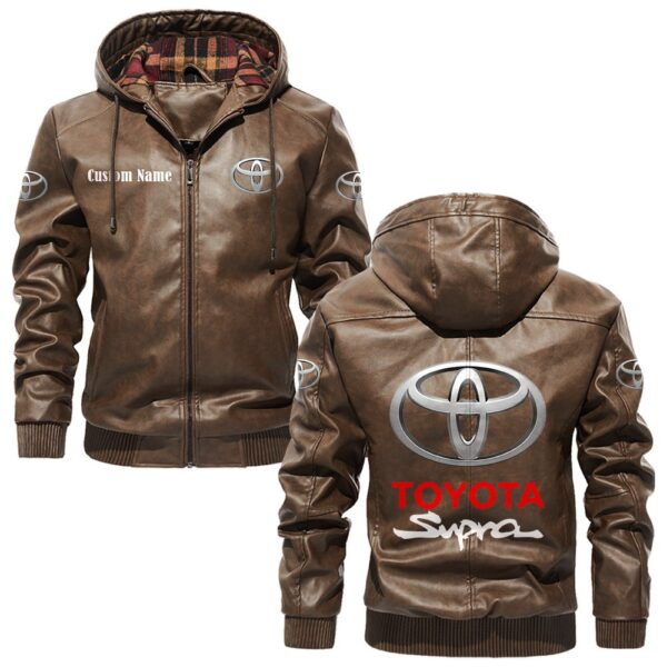 Custom Name Toyota Supra PU Leather Hooded Jacket - Personalized Logo Car Motorcycle Model - Image 3