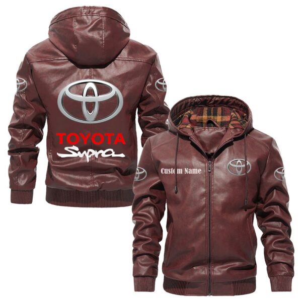 Custom Name Toyota Supra PU Leather Hooded Jacket - Personalized Logo Car Motorcycle Model - Image 2