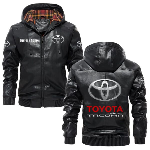 Custom Name Toyota Tacoma PU Leather Hooded Jacket - Personalized Logo Car Motorcycle Model