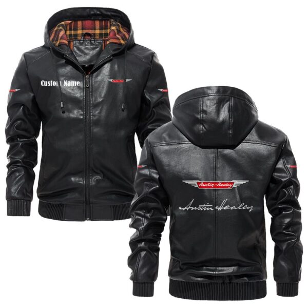 Custom Name Austin Healey PU Leather Hooded Jacket - Personalized Logo Car Motorcycle Model