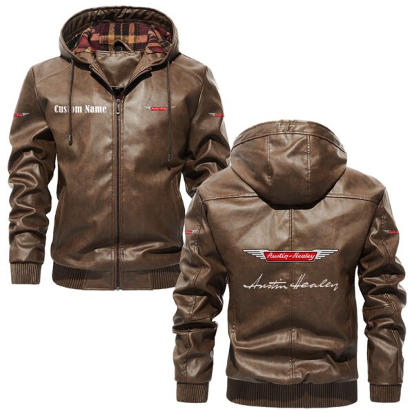 Custom Name Austin Healey PU Leather Hooded Jacket - Personalized Logo Car Motorcycle Model - Image 3
