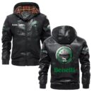 Custom Name Benelli PU Leather Hooded Jacket - Personalized Logo Car Motorcycle Model