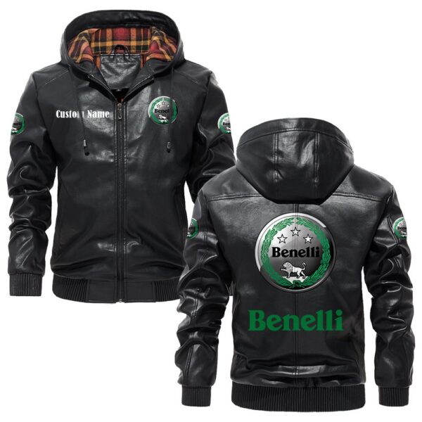 Custom Name Benelli PU Leather Hooded Jacket - Personalized Logo Car Motorcycle Model