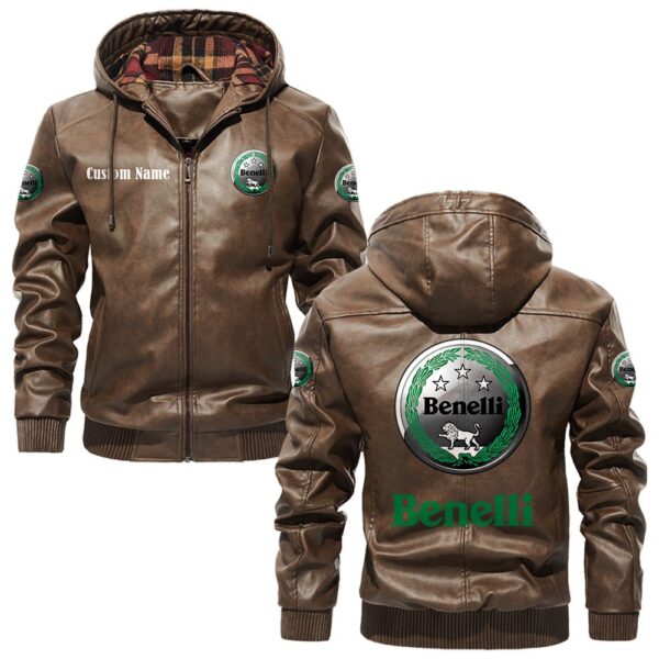 Custom Name Benelli PU Leather Hooded Jacket - Personalized Logo Car Motorcycle Model - Image 3