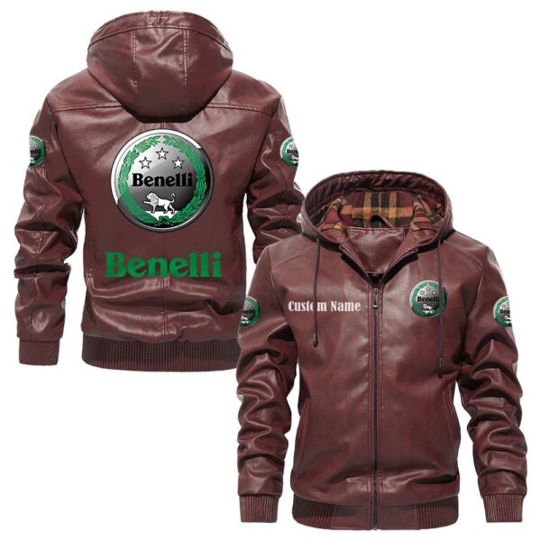 Custom Name Benelli PU Leather Hooded Jacket - Personalized Logo Car Motorcycle Model - Image 2