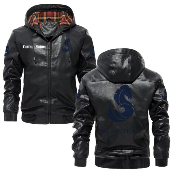 Custom Name Beneteau PU Leather Hooded Jacket - Personalized Logo Car Motorcycle Model