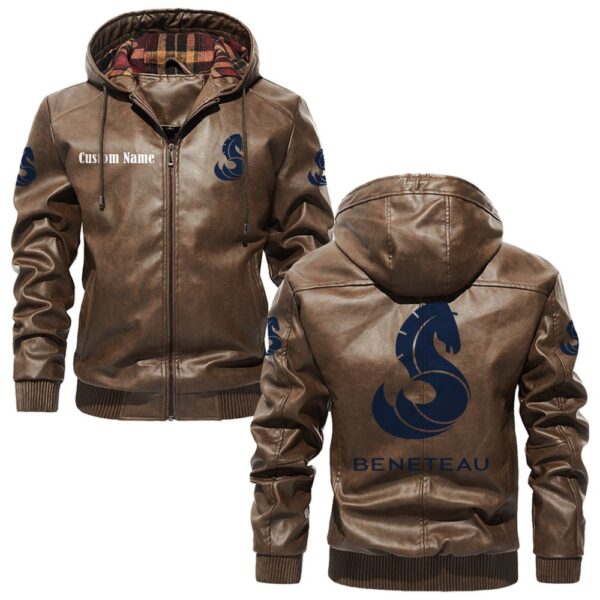 Custom Name Beneteau PU Leather Hooded Jacket - Personalized Logo Car Motorcycle Model - Image 3