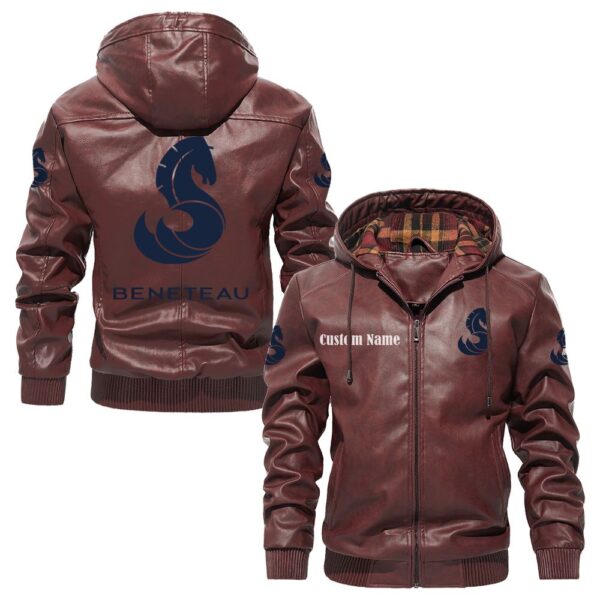Custom Name Beneteau PU Leather Hooded Jacket - Personalized Logo Car Motorcycle Model - Image 2