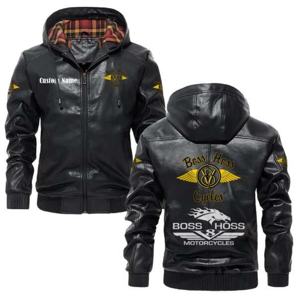 Custom Name Boss Hoss PU Leather Hooded Jacket - Personalized Logo Car Motorcycle Model