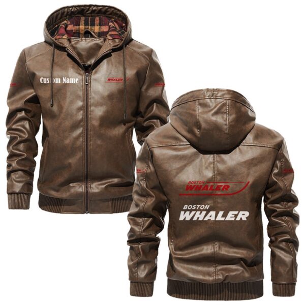 Custom Name Boston Whaler PU Leather Hooded Jacket - Personalized Logo Car Motorcycle Model - Image 3