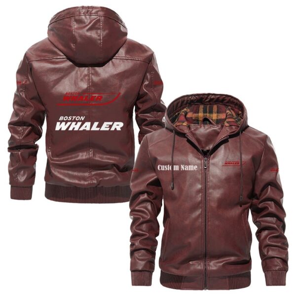 Custom Name Boston Whaler PU Leather Hooded Jacket - Personalized Logo Car Motorcycle Model - Image 2