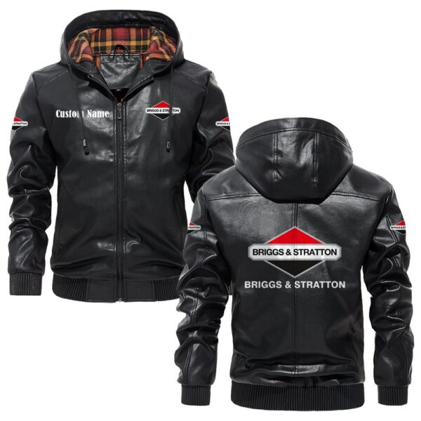 Custom Name Briggs Stratton PU Leather Hooded Jacket - Personalized Logo Car Motorcycle Model