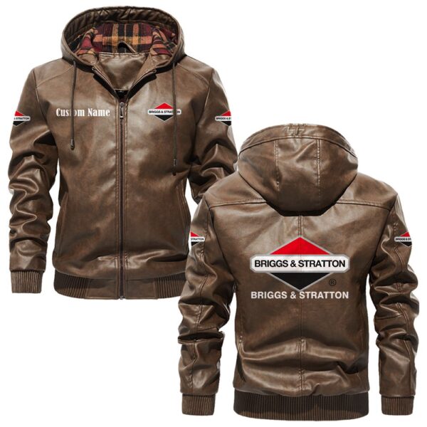 Custom Name Briggs Stratton PU Leather Hooded Jacket - Personalized Logo Car Motorcycle Model - Image 3