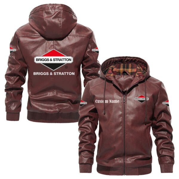 Custom Name Briggs Stratton PU Leather Hooded Jacket - Personalized Logo Car Motorcycle Model - Image 2