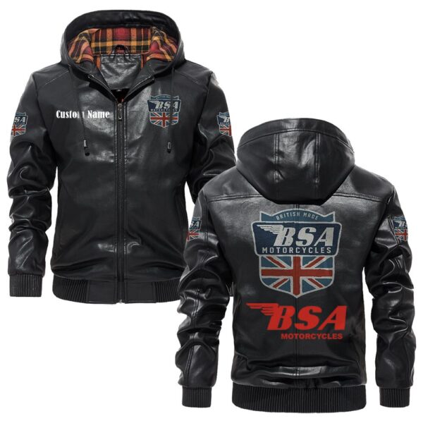 Custom Name Bsa PU Leather Hooded Jacket - Personalized Logo Car Motorcycle Model