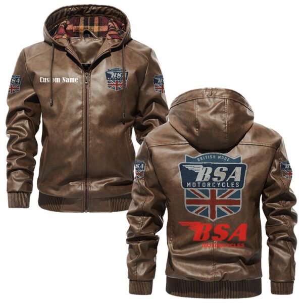 Custom Name Bsa PU Leather Hooded Jacket - Personalized Logo Car Motorcycle Model - Image 3