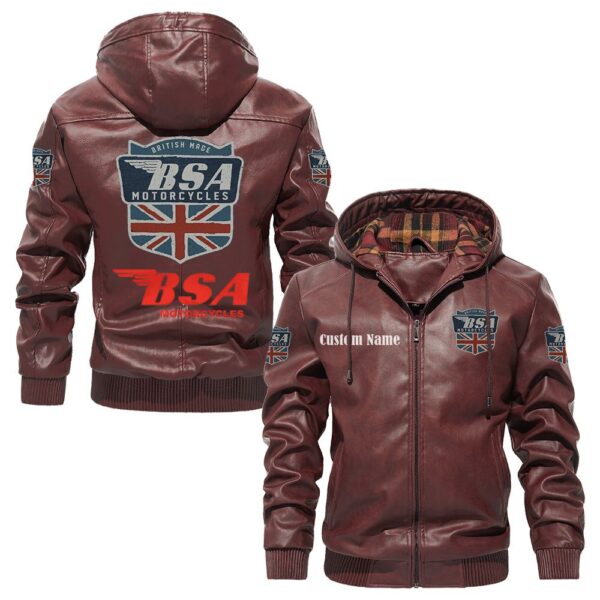 Custom Name Bsa PU Leather Hooded Jacket - Personalized Logo Car Motorcycle Model - Image 2