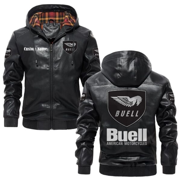 Custom Name Buell Motorcycles PU Leather Hooded Jacket - Personalized Logo Car Motorcycle Model