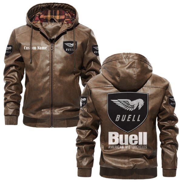 Custom Name Buell Motorcycles PU Leather Hooded Jacket - Personalized Logo Car Motorcycle Model - Image 3