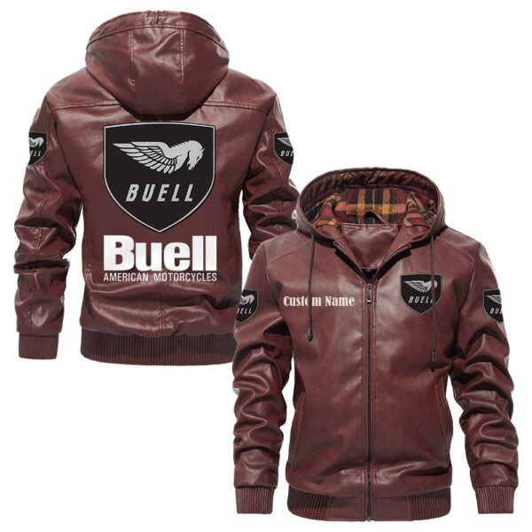 Custom Name Buell Motorcycles PU Leather Hooded Jacket - Personalized Logo Car Motorcycle Model - Image 2