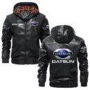 Custom Name Datsun PU Leather Hooded Jacket - Personalized Logo Car Motorcycle Model
