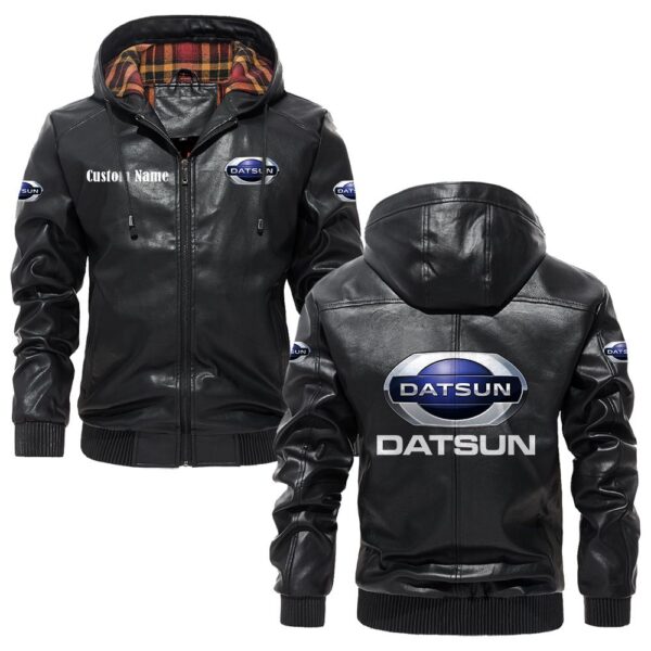Custom Name Datsun PU Leather Hooded Jacket - Personalized Logo Car Motorcycle Model