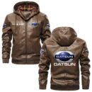 Custom Name Datsun PU Leather Hooded Jacket - Personalized Logo Car Motorcycle Model
