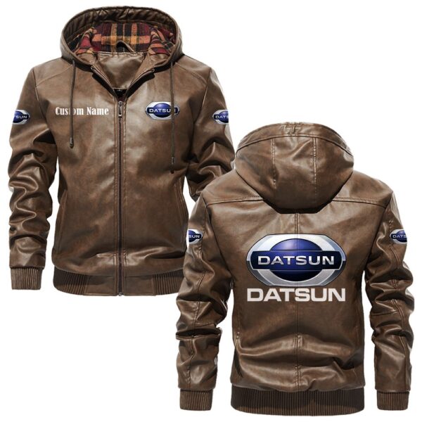 Custom Name Datsun PU Leather Hooded Jacket - Personalized Logo Car Motorcycle Model - Image 3