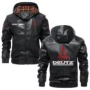 Custom Name Deutz PU Leather Hooded Jacket - Personalized Logo Car Motorcycle Model