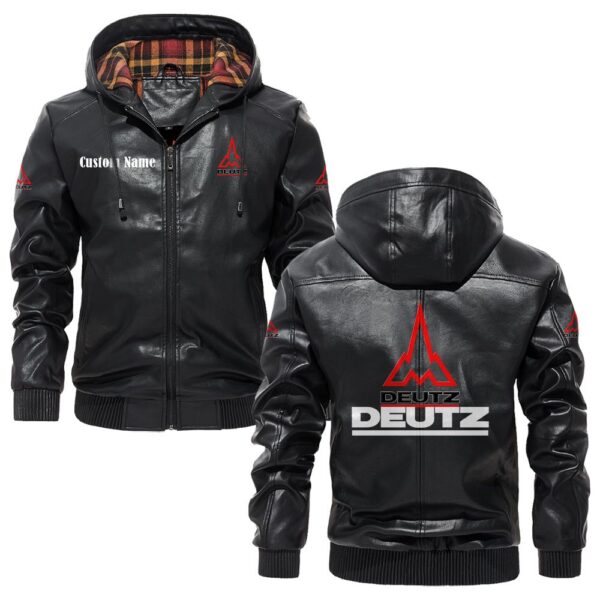 Custom Name Deutz PU Leather Hooded Jacket - Personalized Logo Car Motorcycle Model