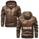Custom Name Deutz PU Leather Hooded Jacket - Personalized Logo Car Motorcycle Model