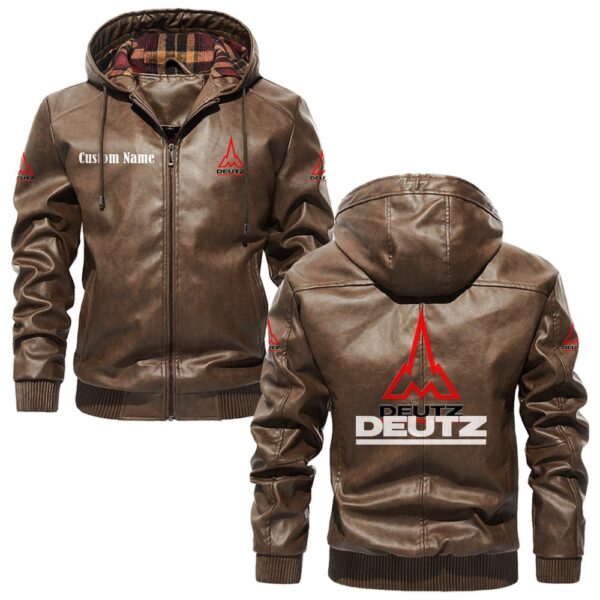 Custom Name Deutz PU Leather Hooded Jacket - Personalized Logo Car Motorcycle Model - Image 3