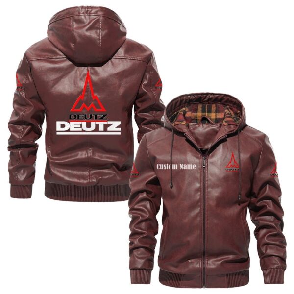 Custom Name Deutz PU Leather Hooded Jacket - Personalized Logo Car Motorcycle Model - Image 2