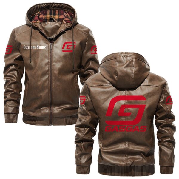 Custom Name Gas Gas PU Leather Hooded Jacket - Personalized Logo Car Motorcycle Model - Image 3