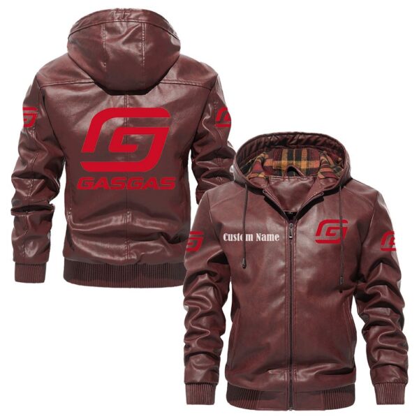 Custom Name Gas Gas PU Leather Hooded Jacket - Personalized Logo Car Motorcycle Model - Image 2