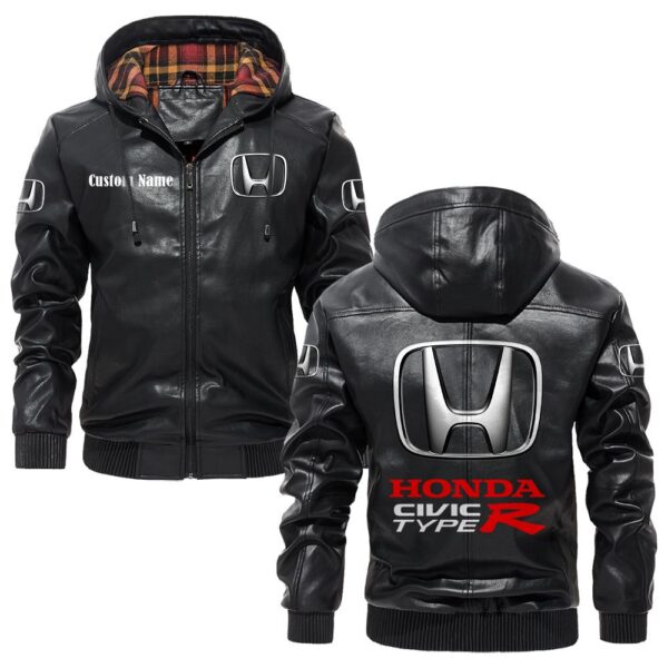 Custom Name Honda Civic Type R PU Leather Hooded Jacket - Personalized Logo Car Motorcycle Model