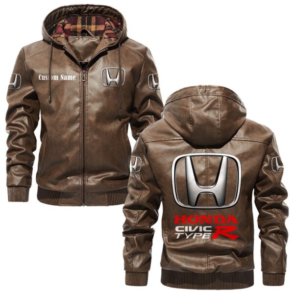 Custom Name Honda Civic Type R PU Leather Hooded Jacket - Personalized Logo Car Motorcycle Model - Image 3