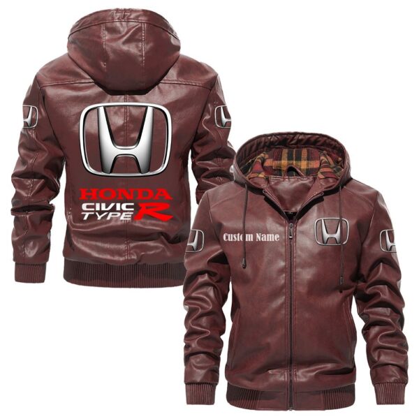 Custom Name Honda Civic Type R PU Leather Hooded Jacket - Personalized Logo Car Motorcycle Model - Image 2