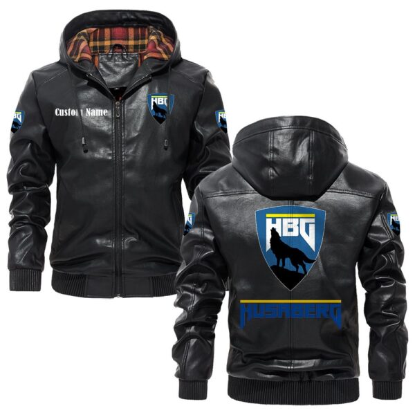 Custom Name Husaberg PU Leather Hooded Jacket - Personalized Logo Car Motorcycle Model